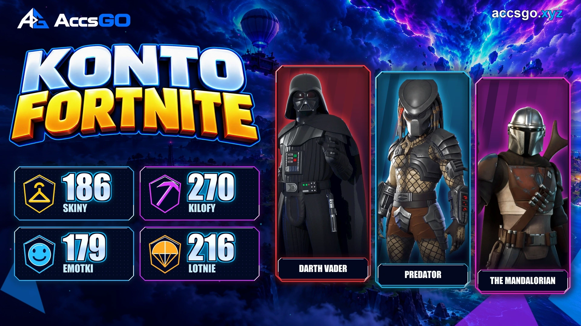 Fortnite | 186 skinów | Darth Vader | Hades | Predator | Mandalorian