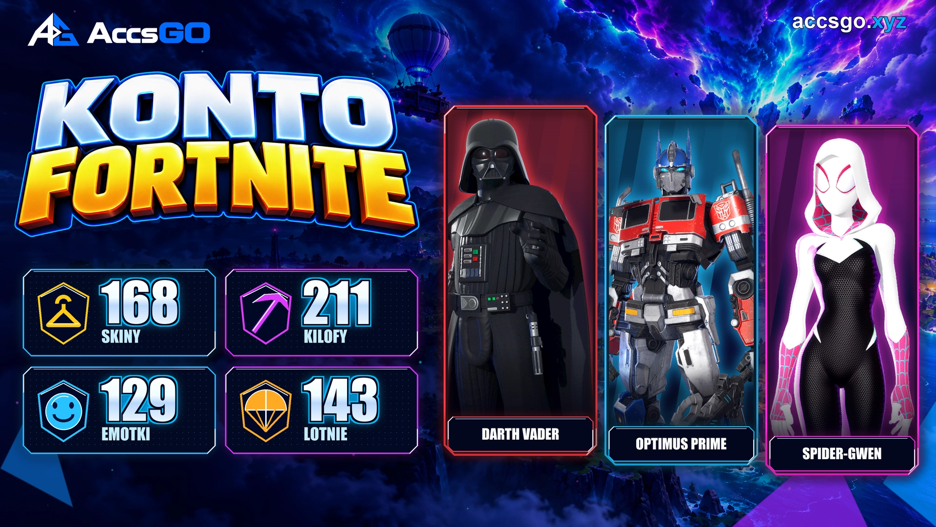 Fortnite | 168 skinów | Darth Vader | Spider-Man | Optimus Prime | 28 płatnych skinów